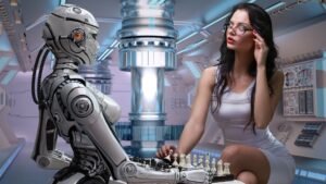 Un robot humanoïde joue aux échecs avec une femme.