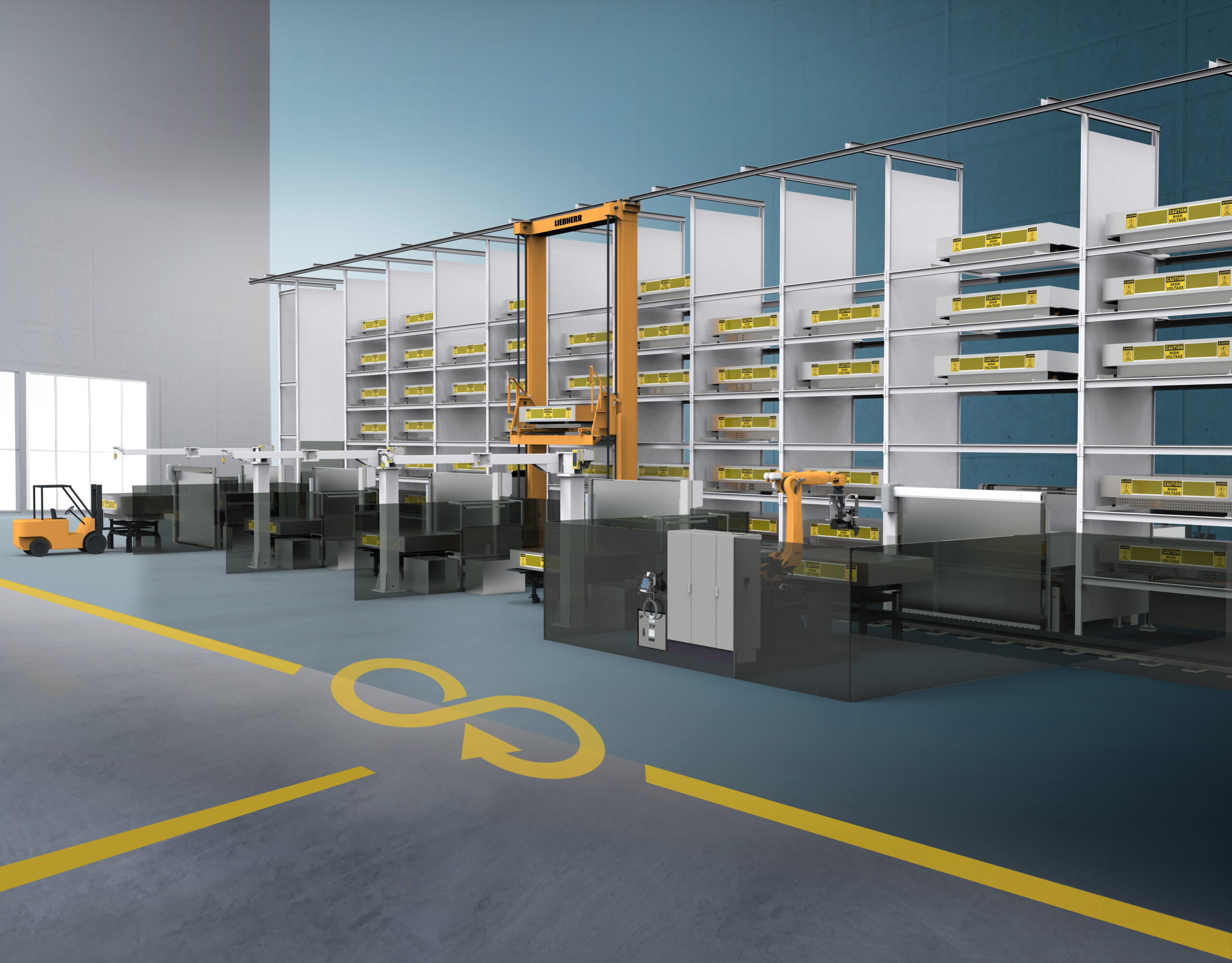Installation industrielle automatisée Liebherr pour le démontage et le recyclage des batteries haute tension.